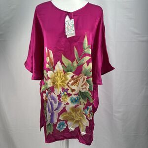 Vintage GUJINZHU   100% Silk Floral Tunic Pink Kimono Sleeve Caftan OS